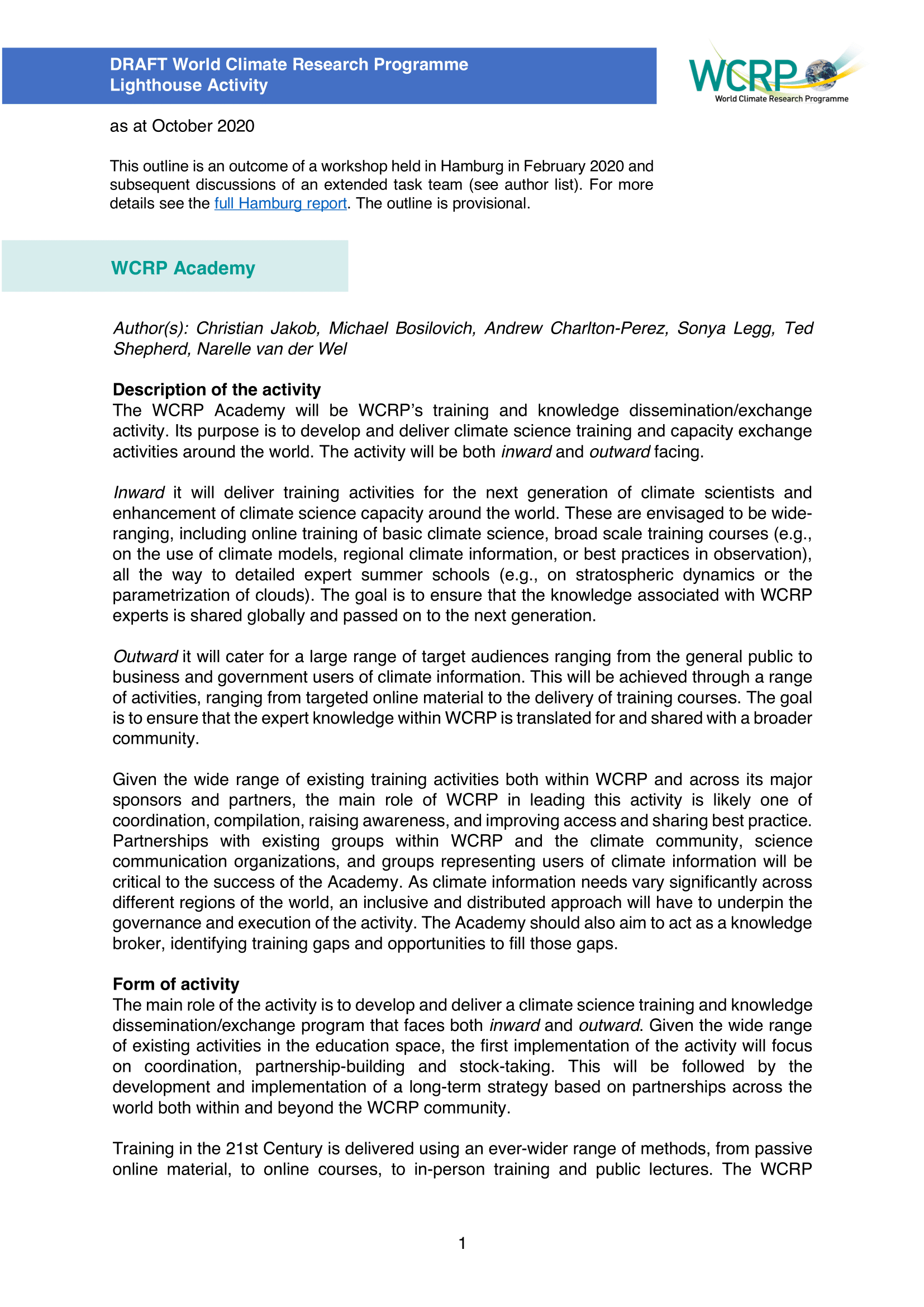 WCRP Academy outline page 1 image